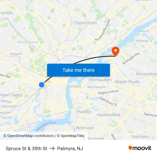 Spruce St & 38th St to Palmyra, NJ map