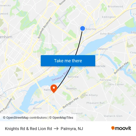 Knights Rd & Red Lion Rd to Palmyra, NJ map