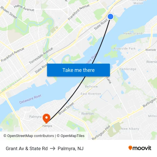 Grant Av & State Rd to Palmyra, NJ map