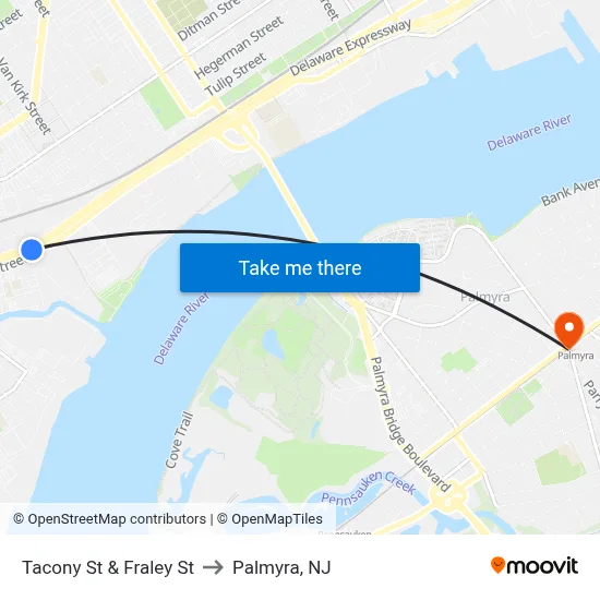 Tacony St & Fraley St to Palmyra, NJ map