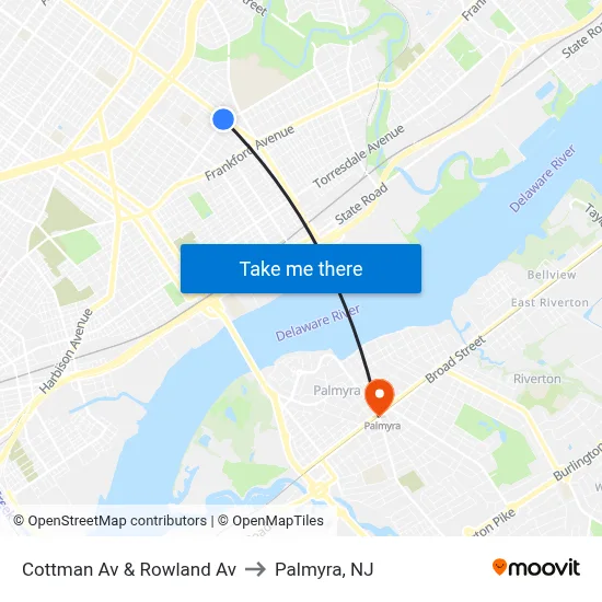 Cottman Av & Rowland Av to Palmyra, NJ map
