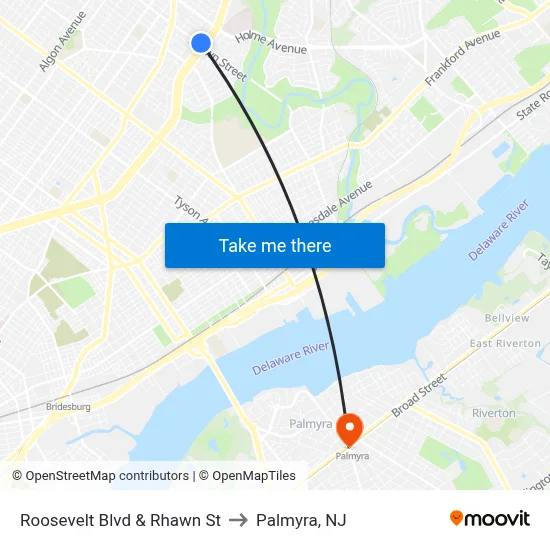 Roosevelt Blvd & Rhawn St to Palmyra, NJ map