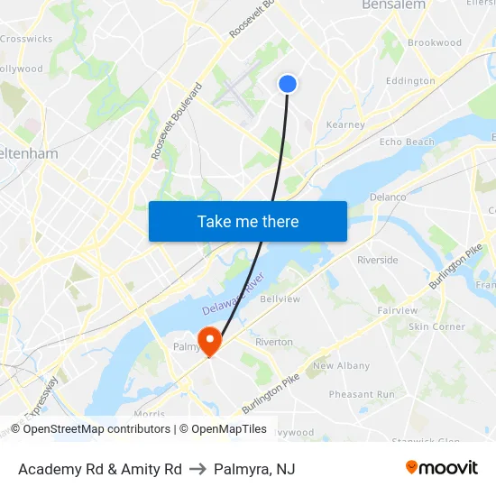 Academy Rd & Amity Rd to Palmyra, NJ map
