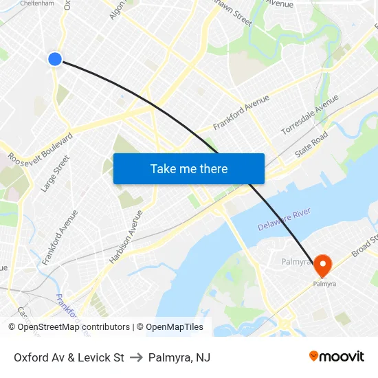 Oxford Av & Levick St to Palmyra, NJ map