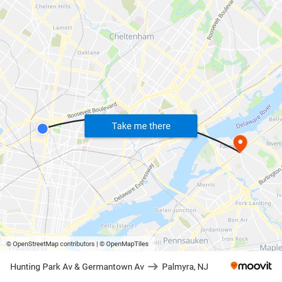 Hunting Park Av & Germantown Av to Palmyra, NJ map