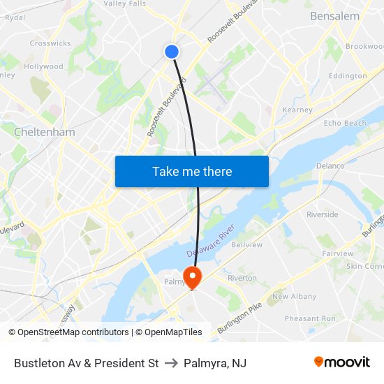 Bustleton Av & President St to Palmyra, NJ map