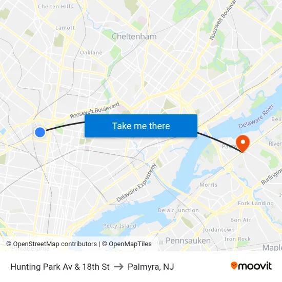 Hunting Park Av & 18th St to Palmyra, NJ map