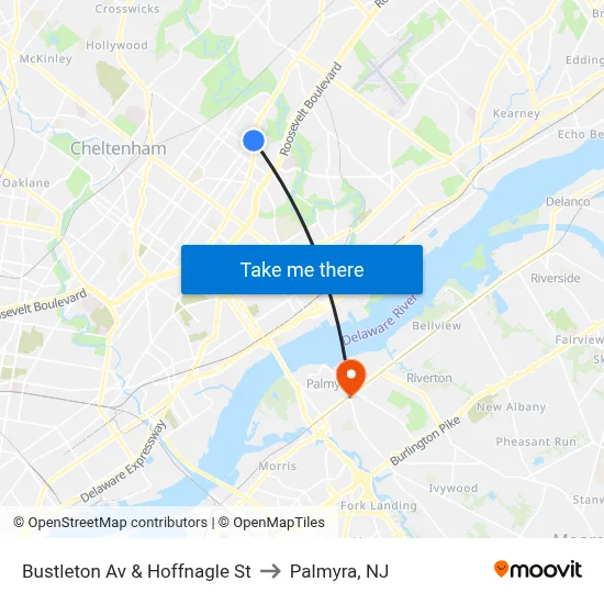 Bustleton Av & Hoffnagle St to Palmyra, NJ map
