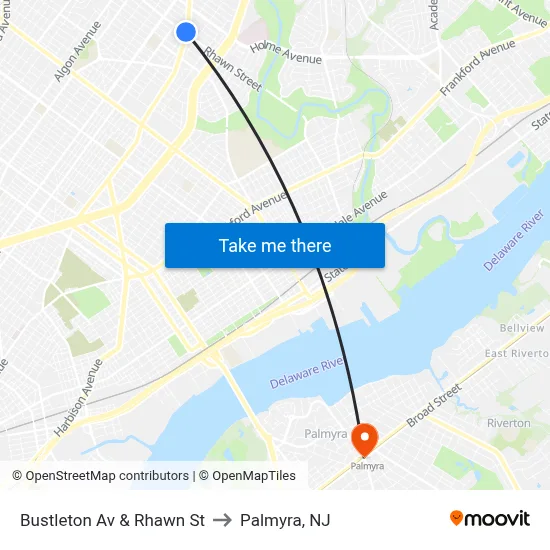 Bustleton Av & Rhawn St to Palmyra, NJ map
