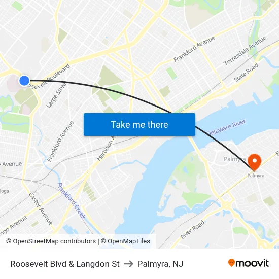 Roosevelt Blvd & Langdon St to Palmyra, NJ map