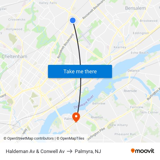 Haldeman Av & Conwell Av to Palmyra, NJ map