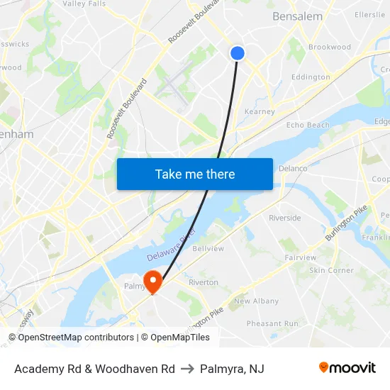 Academy Rd & Woodhaven Rd to Palmyra, NJ map