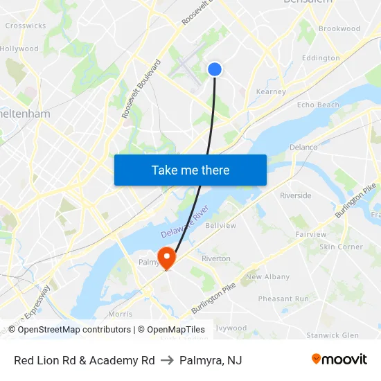 Red Lion Rd & Academy Rd to Palmyra, NJ map