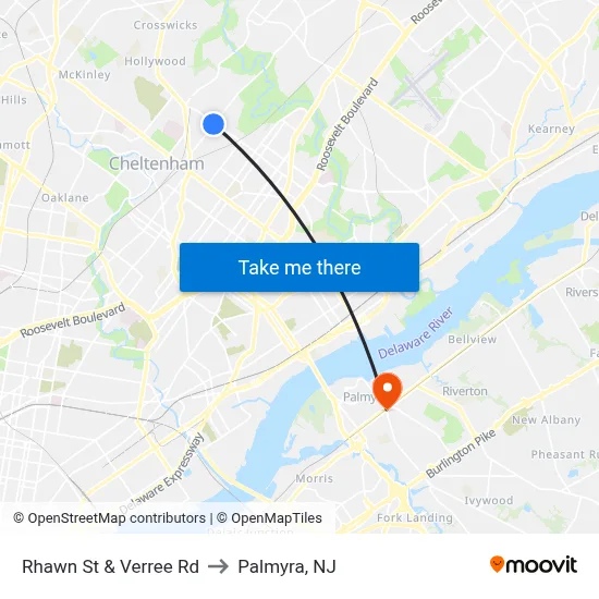 Rhawn St & Verree Rd to Palmyra, NJ map