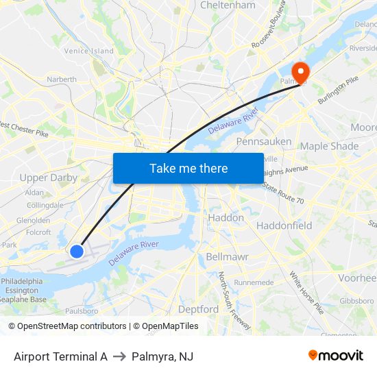 Airport Terminal A to Palmyra, NJ map