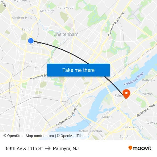 69th Av & 11th St to Palmyra, NJ map