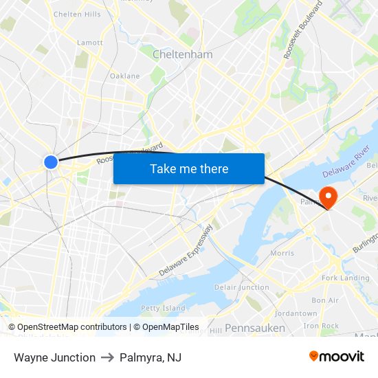Wayne Junction to Palmyra, NJ map