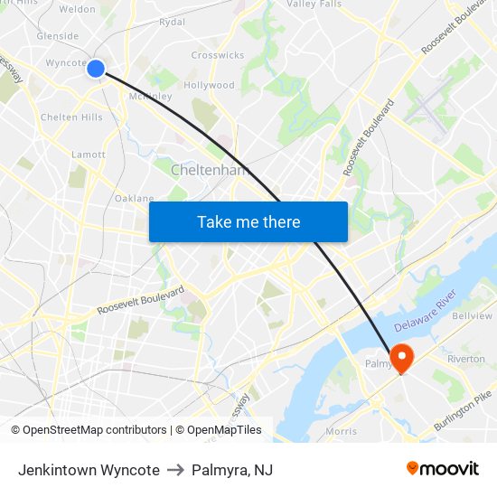 Jenkintown Wyncote to Palmyra, NJ map