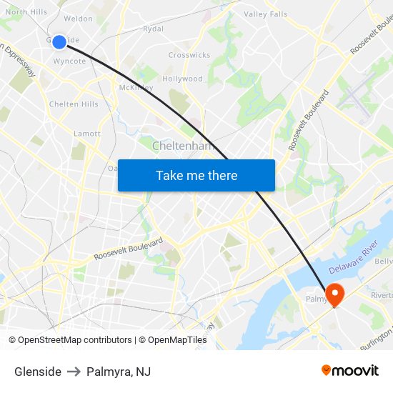 Glenside to Palmyra, NJ map