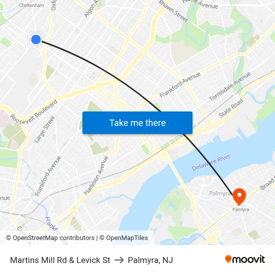 Martins Mill Rd & Levick St to Palmyra, NJ map