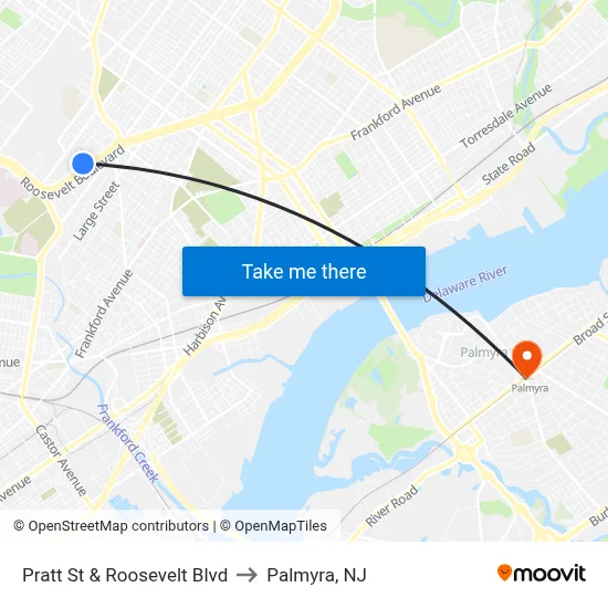 Pratt St & Roosevelt Blvd to Palmyra, NJ map