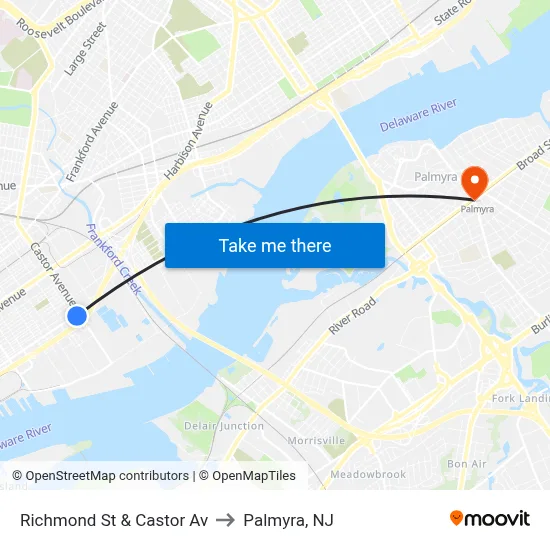 Richmond St & Castor Av to Palmyra, NJ map