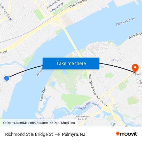 Richmond St & Bridge St to Palmyra, NJ map