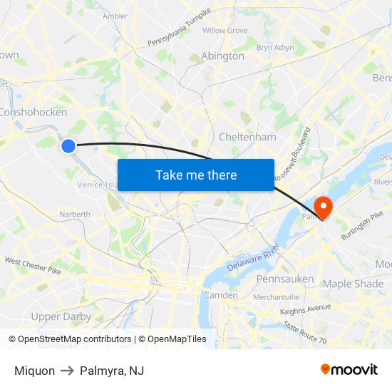 Miquon to Palmyra, NJ map