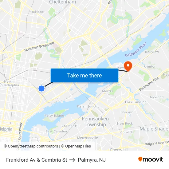 Frankford Av & Cambria St to Palmyra, NJ map