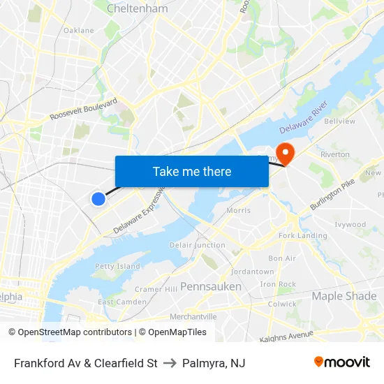 Frankford Av & Clearfield St to Palmyra, NJ map
