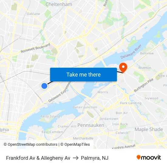 Frankford Av & Allegheny Av to Palmyra, NJ map