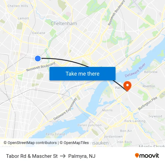 Tabor Rd & Mascher St to Palmyra, NJ map