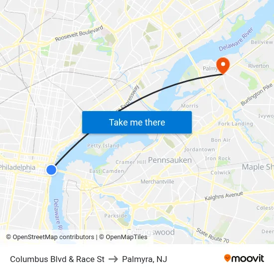 Columbus Blvd & Race St to Palmyra, NJ map