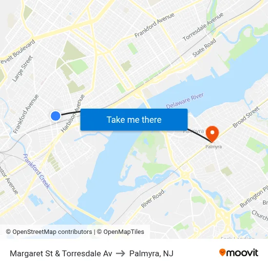 Margaret St & Torresdale Av to Palmyra, NJ map