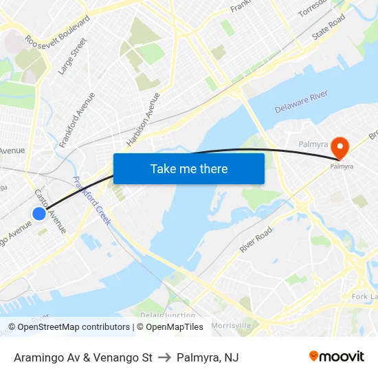 Aramingo Av & Venango St to Palmyra, NJ map
