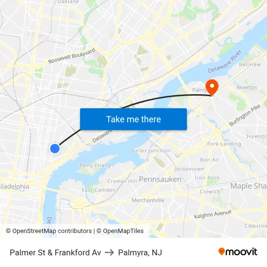 Palmer St & Frankford Av to Palmyra, NJ map