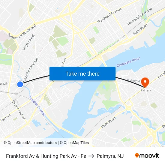 Frankford Av & Hunting Park Av - Fs to Palmyra, NJ map