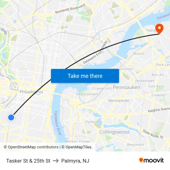 Tasker St & 25th St to Palmyra, NJ map