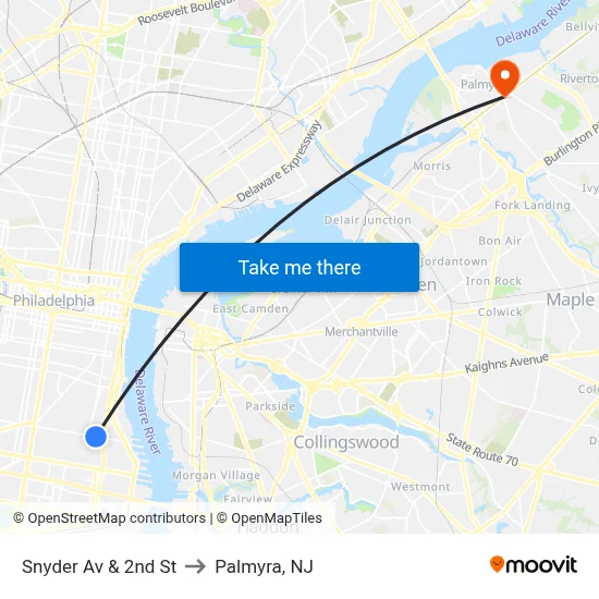 Snyder Av & 2nd St to Palmyra, NJ map