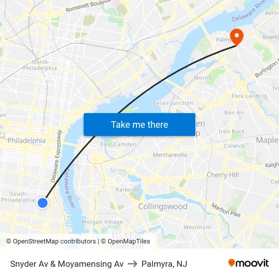 Snyder Av & Moyamensing Av to Palmyra, NJ map