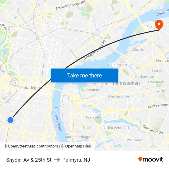 Snyder Av & 25th St to Palmyra, NJ map