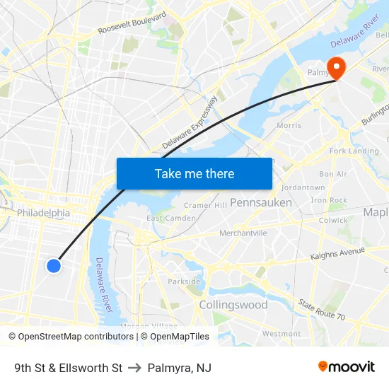9th St & Ellsworth St to Palmyra, NJ map