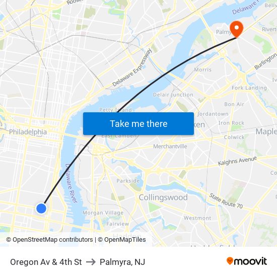 Oregon Av & 4th St to Palmyra, NJ map