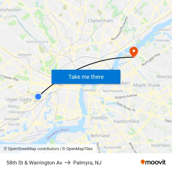 58th St & Warrington Av to Palmyra, NJ map