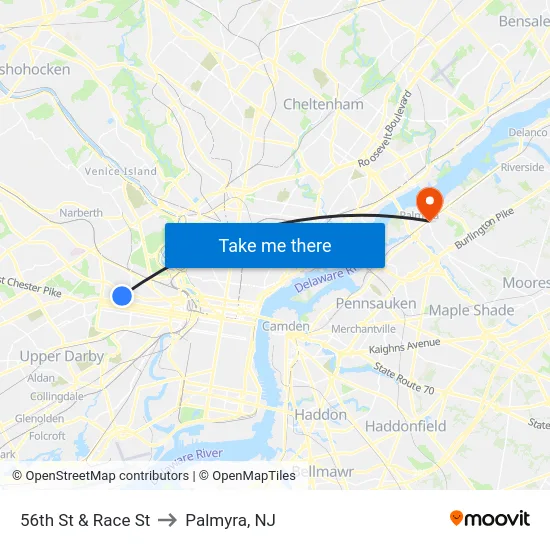 56th St & Race St to Palmyra, NJ map