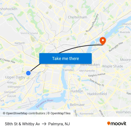 58th St & Whitby Av to Palmyra, NJ map
