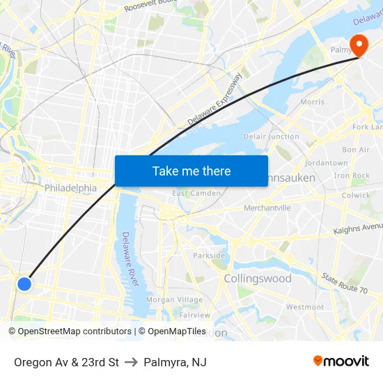 Oregon Av & 23rd St to Palmyra, NJ map