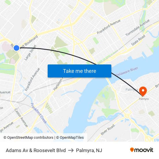 Adams Av & Roosevelt Blvd to Palmyra, NJ map