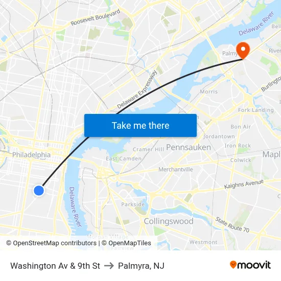 Washington Av & 9th St to Palmyra, NJ map