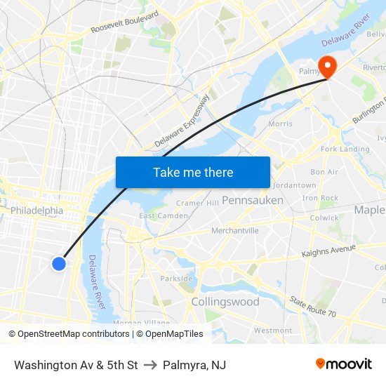 Washington Av & 5th St to Palmyra, NJ map